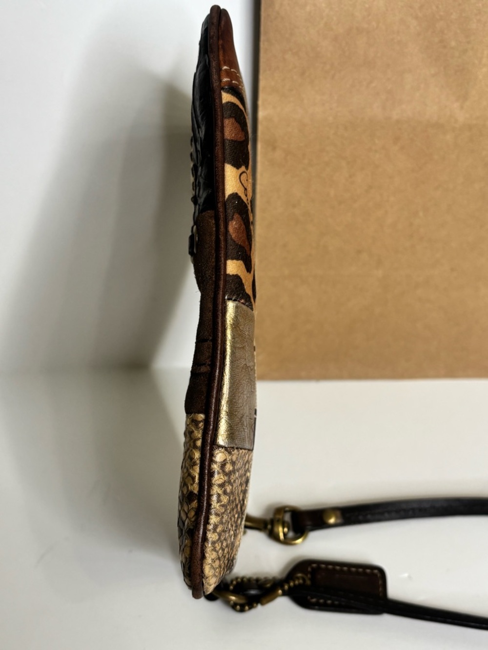 VTG Coach Patchwork Wristlet Signature Leopard Snakeskin Y2K Brown Gold - Picture 8 of 11